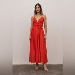 Moon River V Neck Sleeveless Shirred Midi Dress - Red